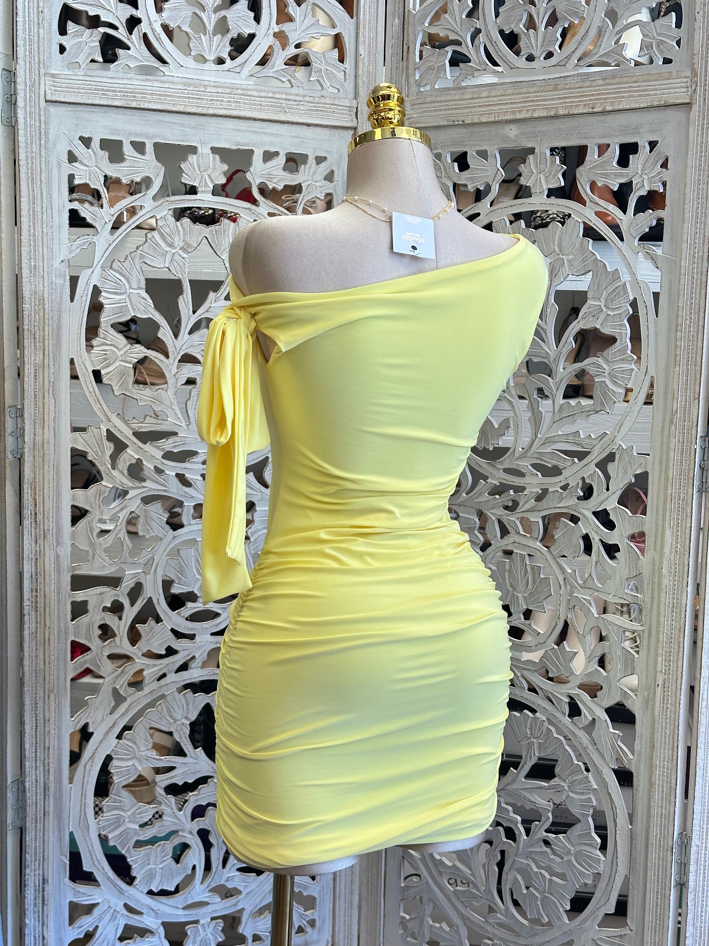 Yellow Asymmetrical Bow Mini Dress- Estira, Stretchy