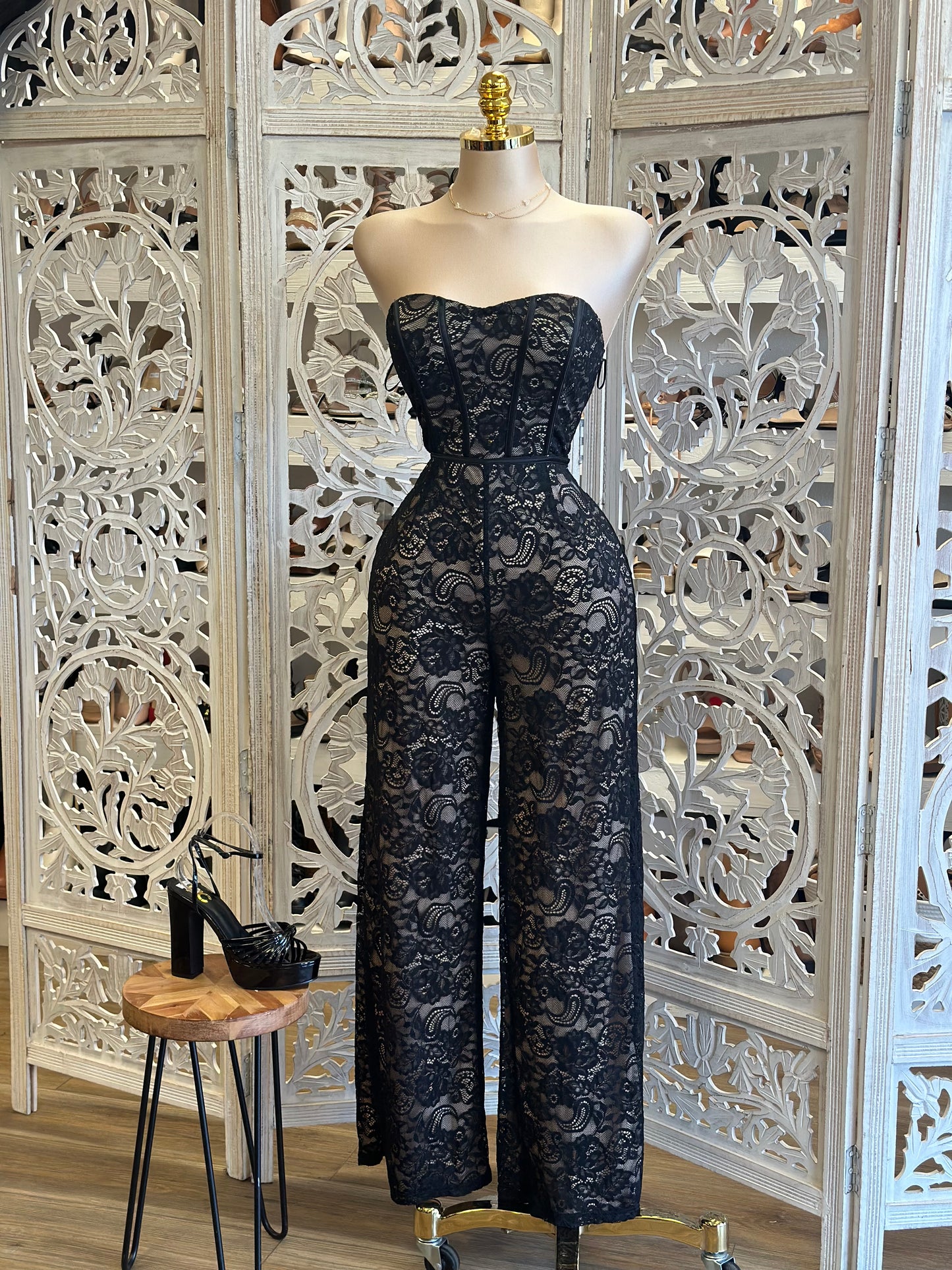 Strapless Black Lace Jumpsuit- Estira, Stretchy