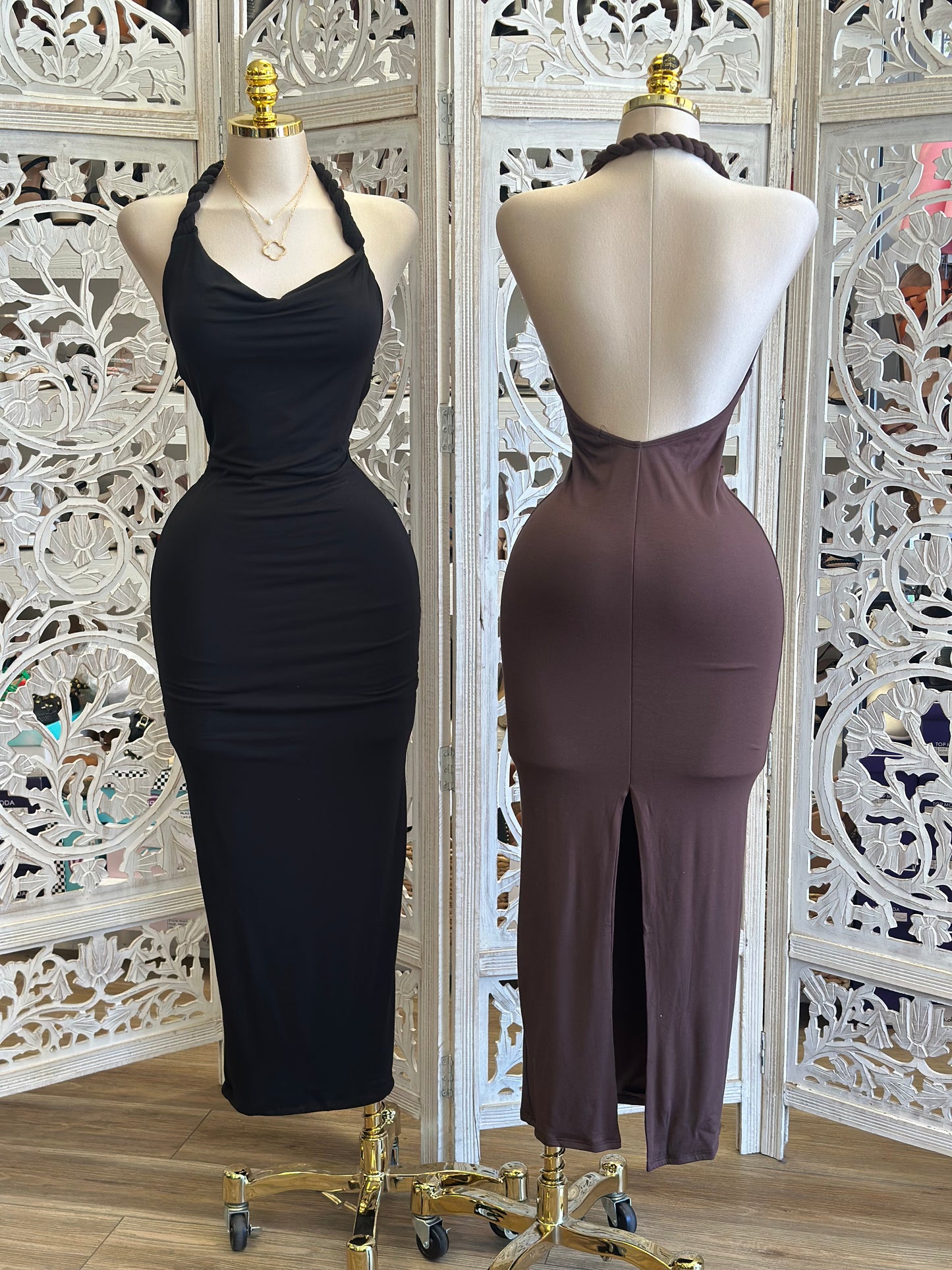 Braided Open Back Midi Dress - Estira, Stretchy