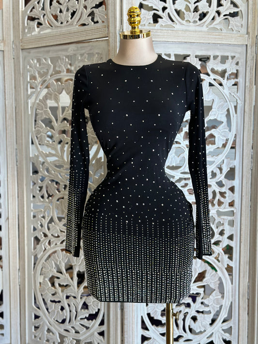 Black Rhinestone Gradient Mini Dress- Stretchy,Estira