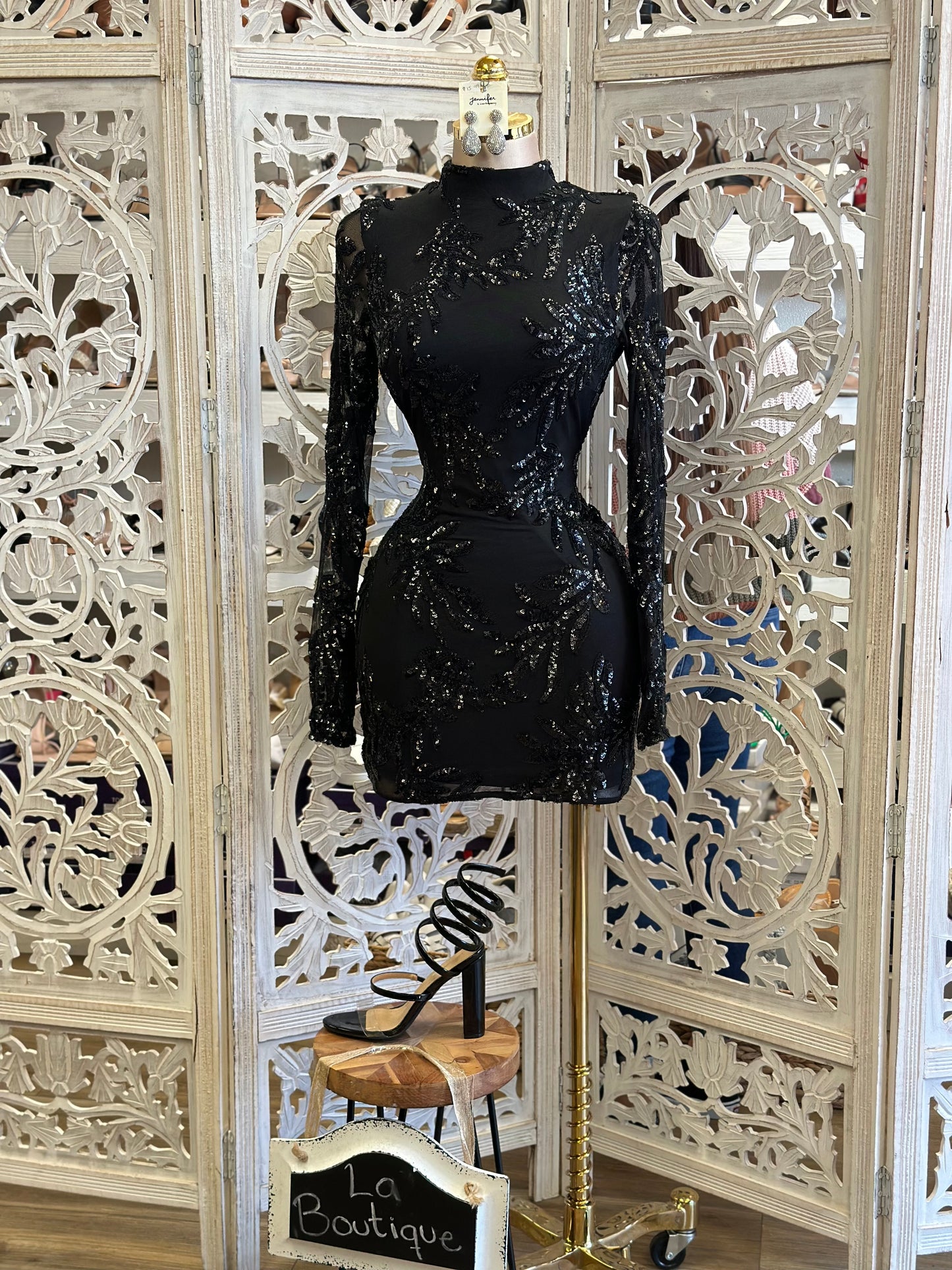 Sequin Black Mesh Mini Dress- Stretchy, Estira