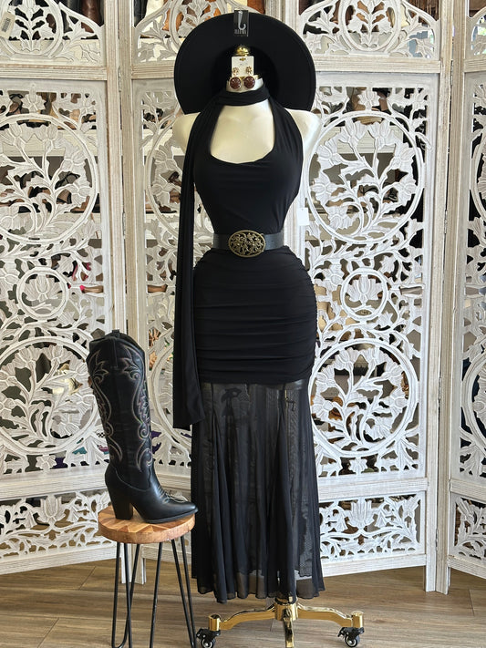 Black Mesh Scarfed Gown -Stretchy,Estira
