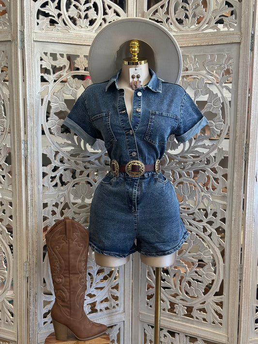 Denim Washed Mini Jumpsuit - Stretchy,Estira