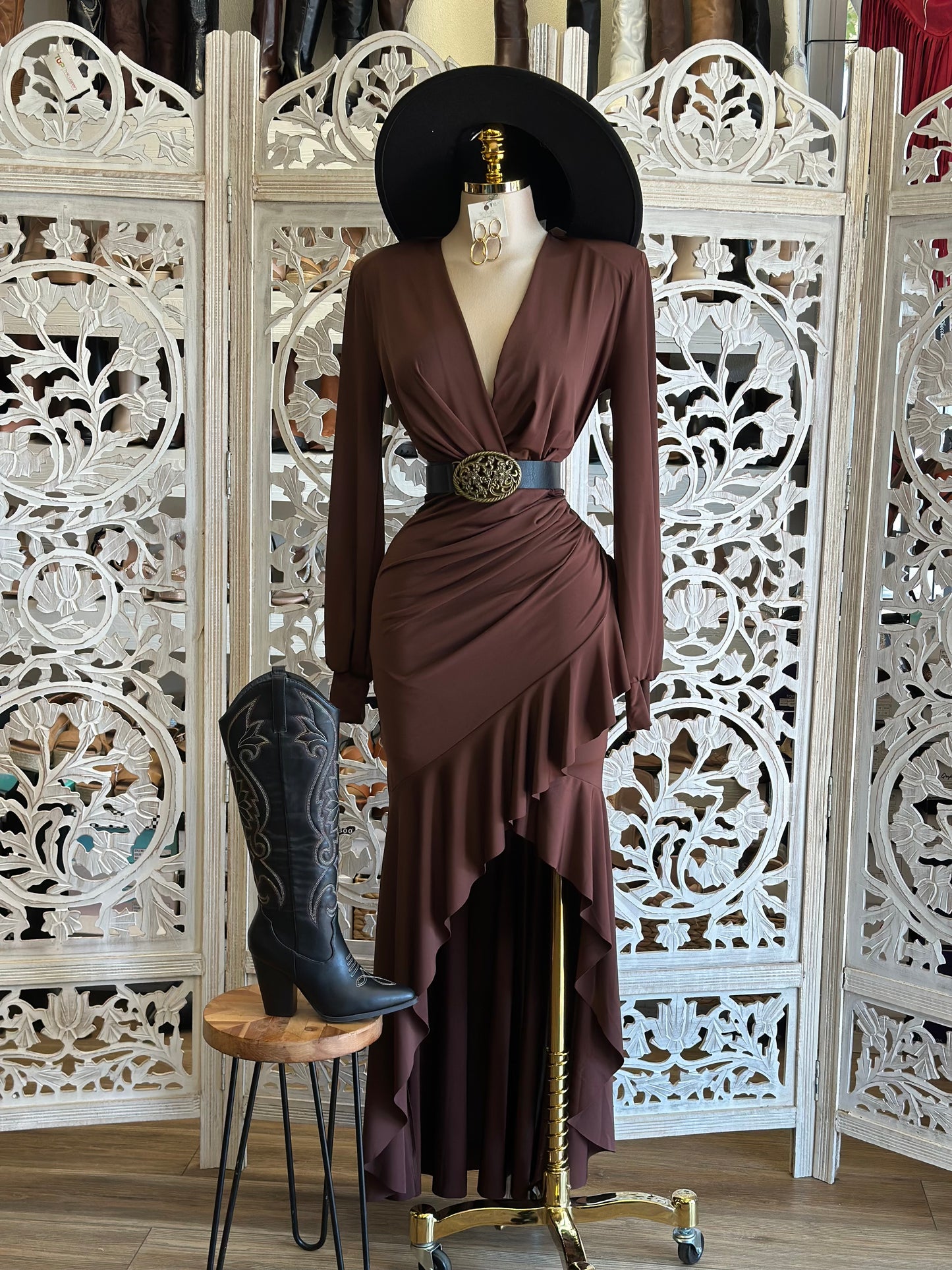 Earth Brown Asymmetrical Ruffle Dress- Stretchy,Estira