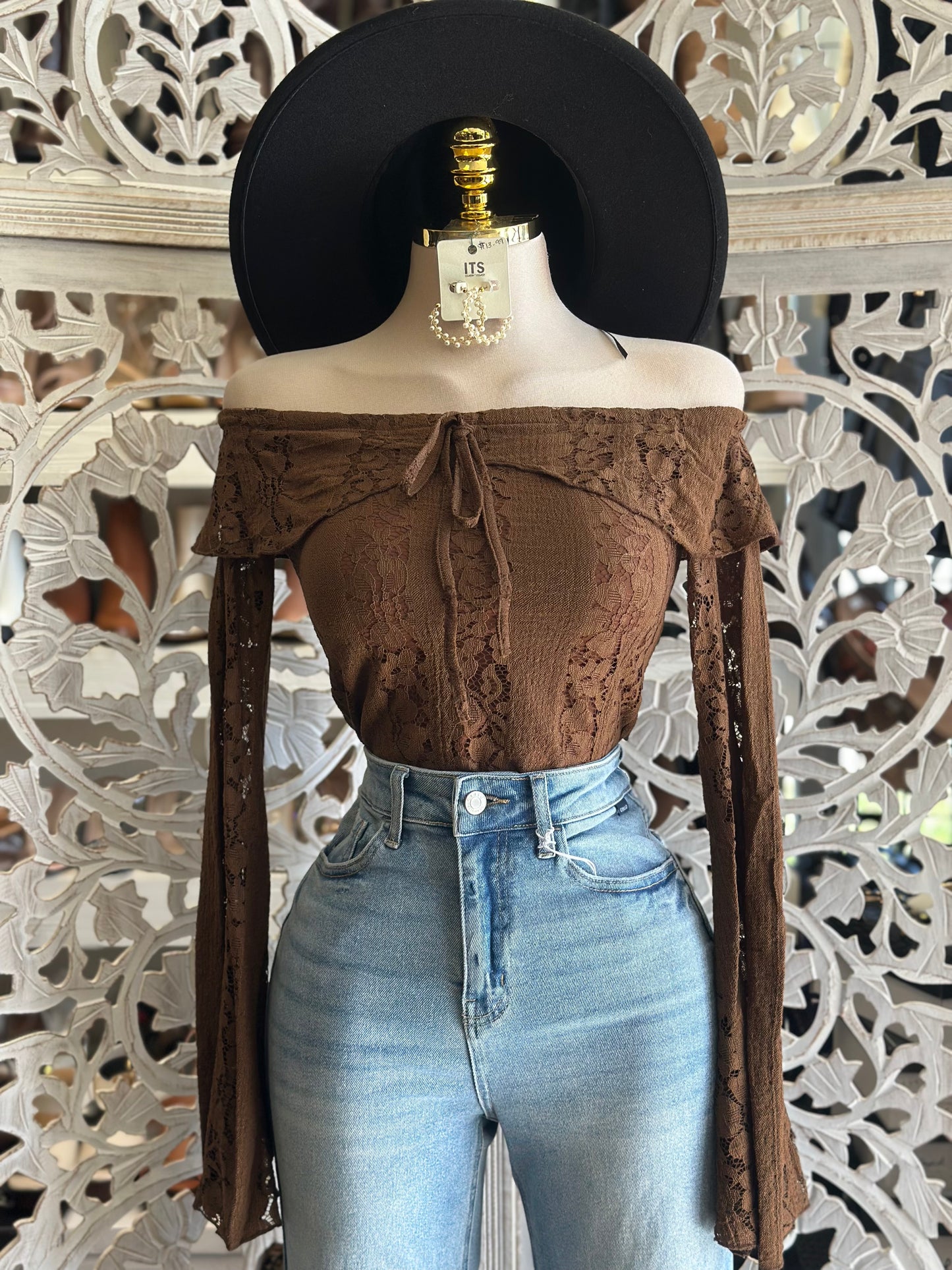 Brown Lace Off Shoulder Top- Estira, Stretchy