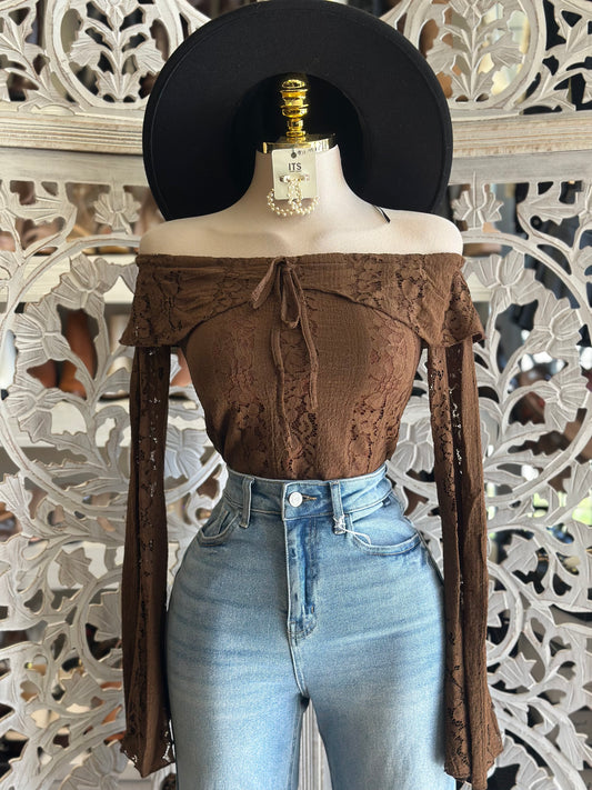 Brown Lace Off Shoulder Top- Estira, Stretchy
