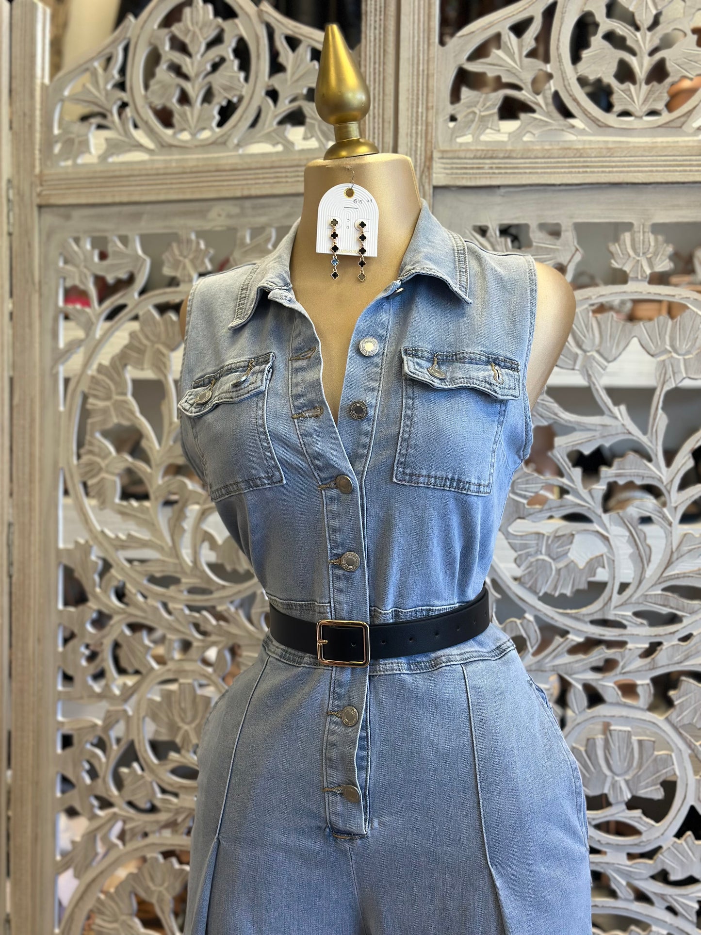 Wide Leg Light Denim Jumpsuit-Estira Poco , Slightly Stretchy