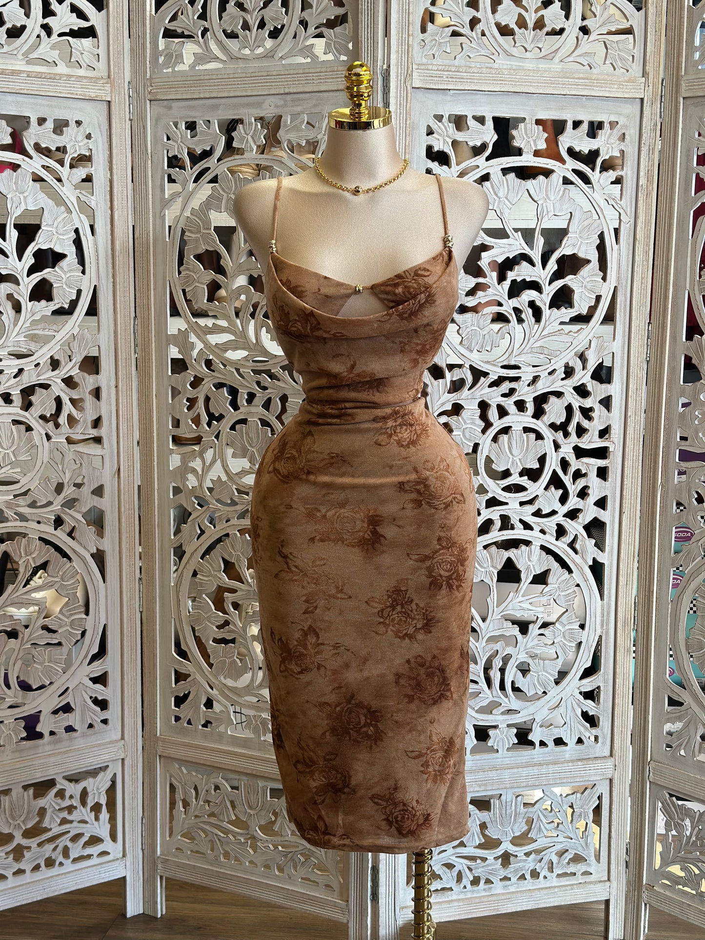 Brass Detail Floral Dress-Stretchy,Estira