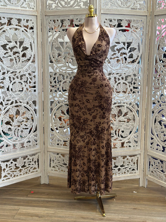 Cowl Neck  Floral Brown Dress- Stretchy, Estira