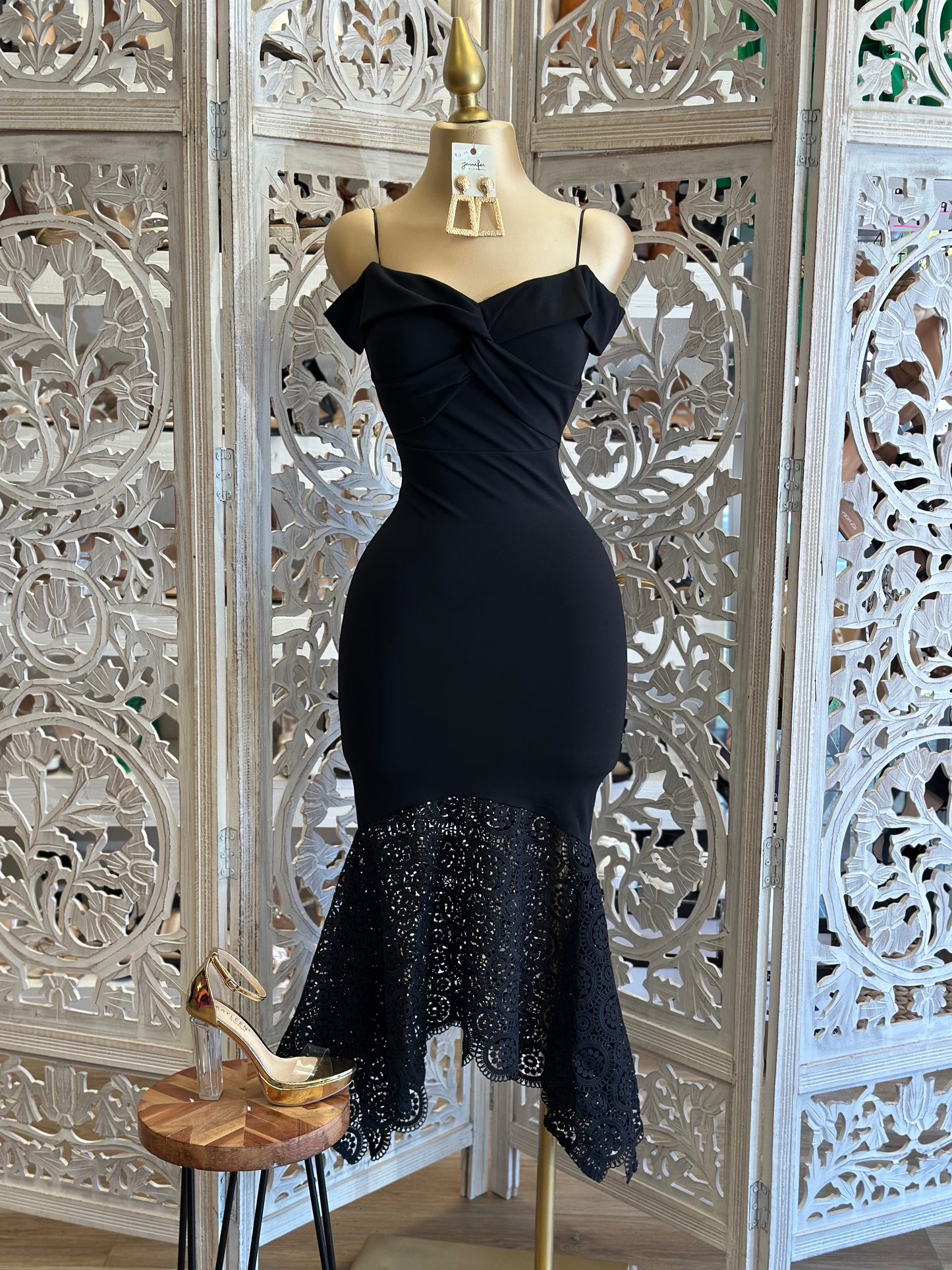 Off Shoulder Black Lace Bottom Dress