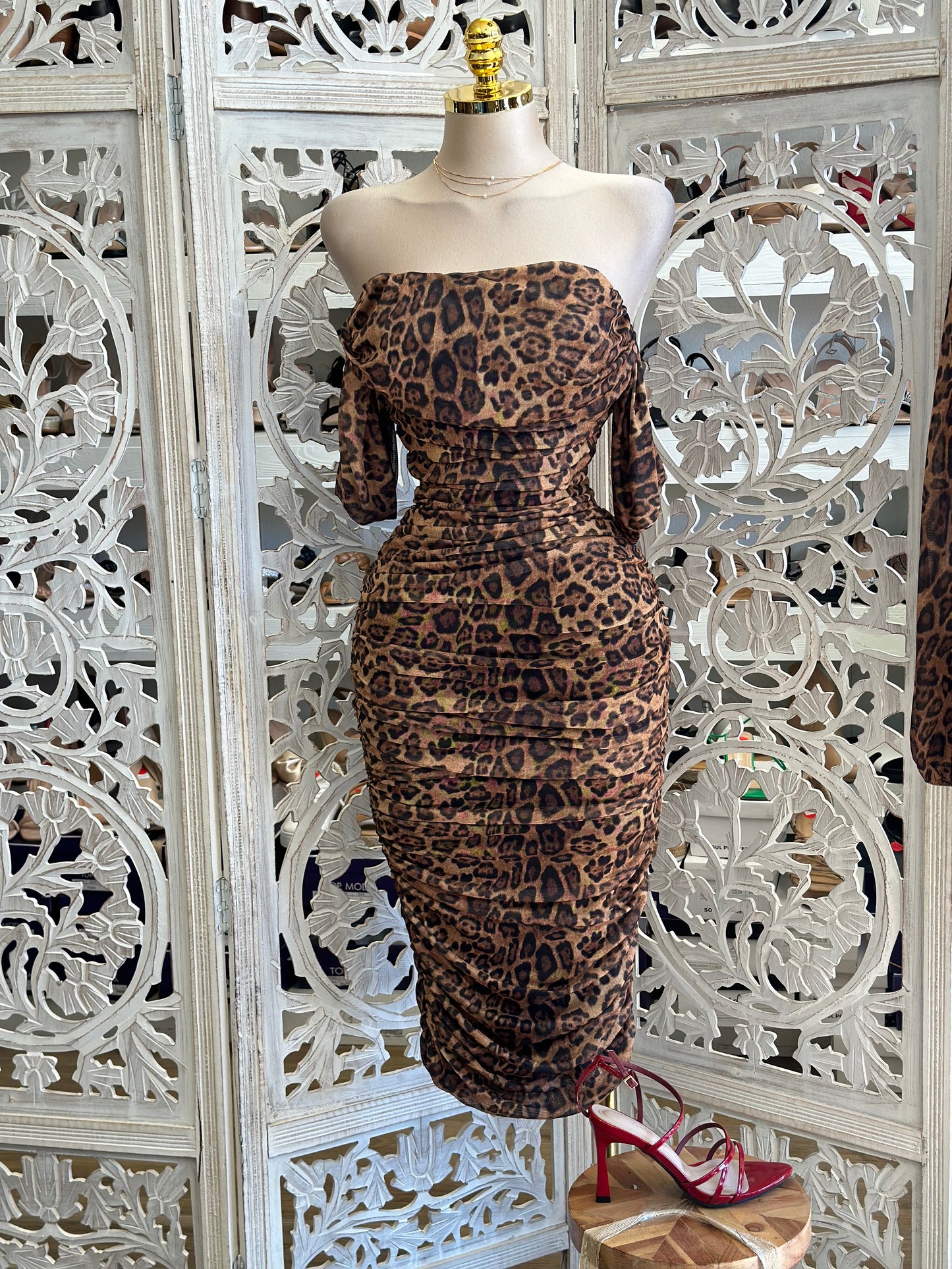 Off Shoulder Ruched Cheetah Midi Dress- Stretchy, Estira