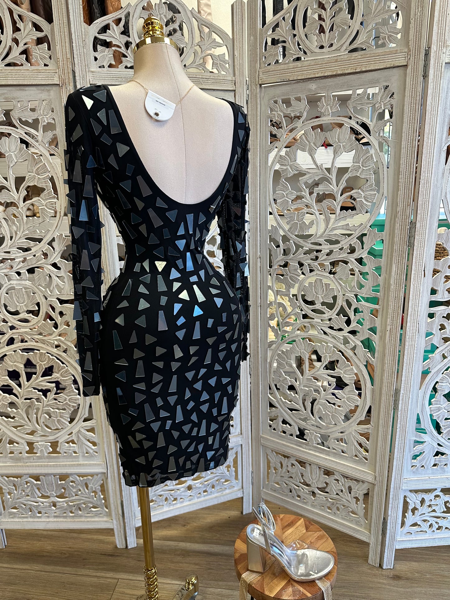 Black Scoop Neck Triangle Sequin Dress- Stretchy, Estira