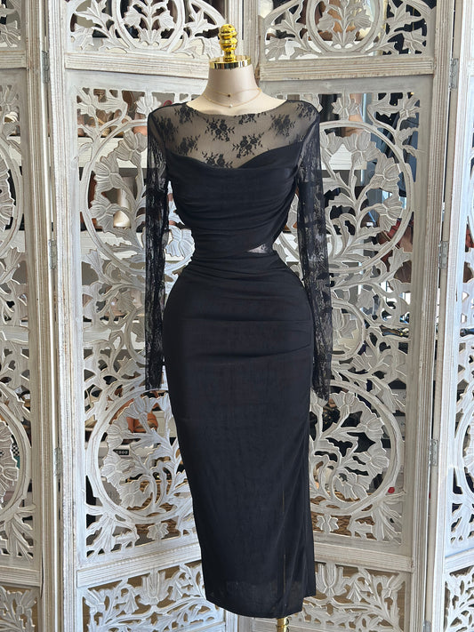 Mesh Floral Black Dress- Stretchy,Estira