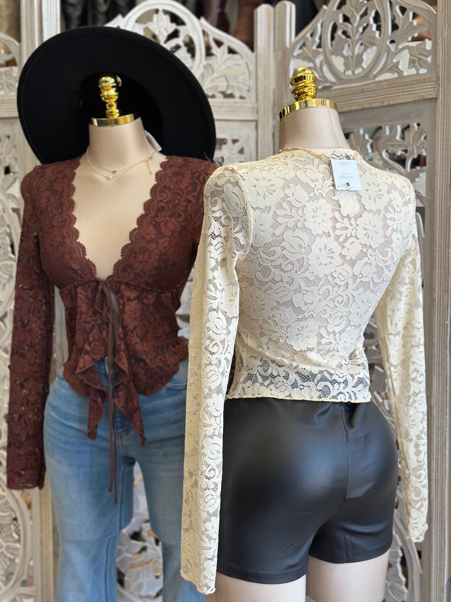 Black Lace Long Sleeve Blouse- Estira, Stretchy