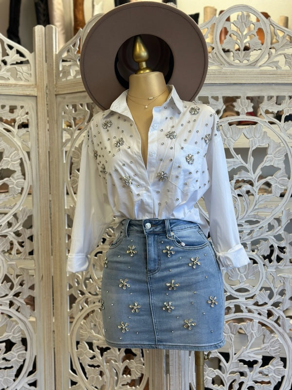 Rhinestone Flower Jean Skirt- Stretchy