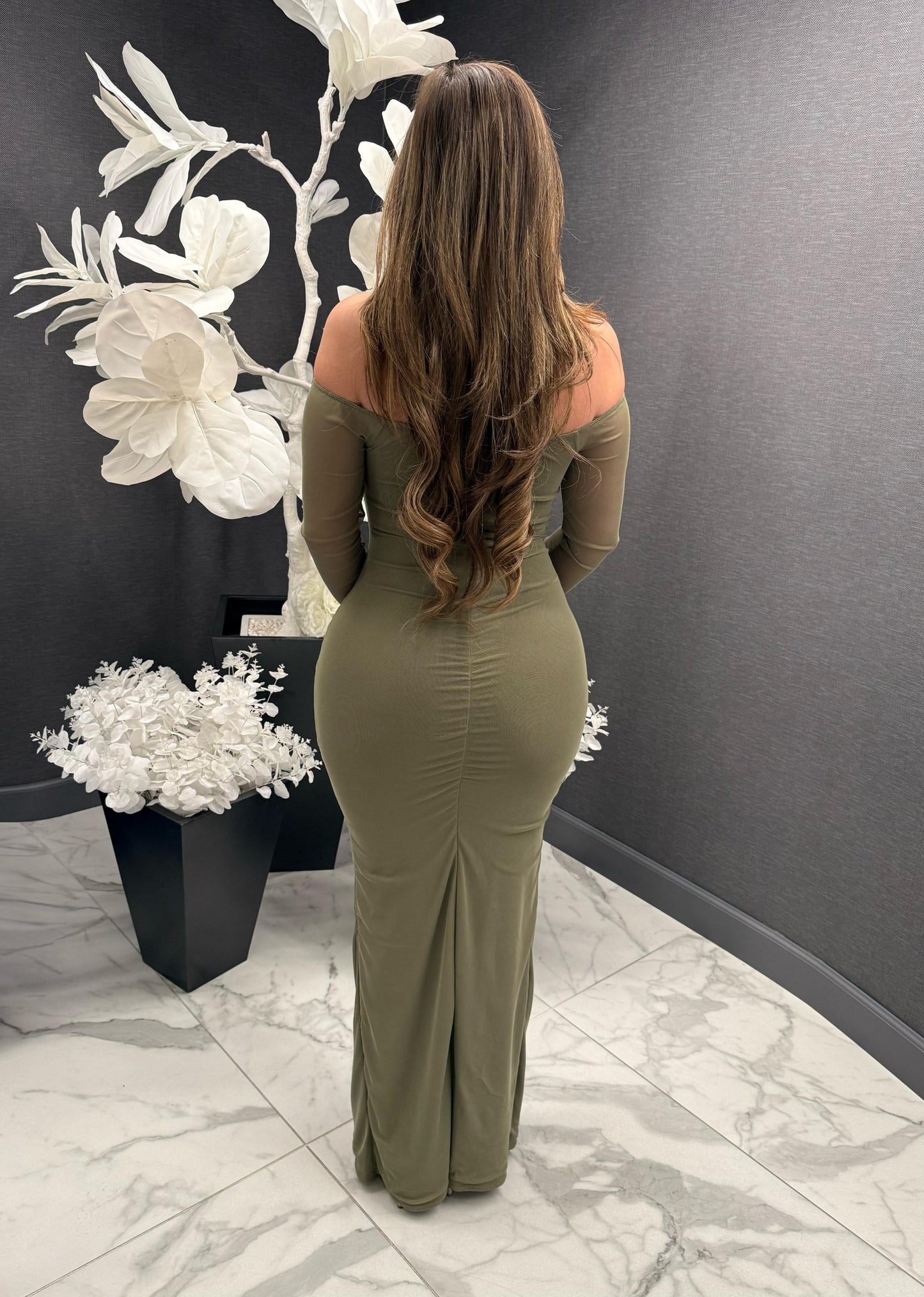 Olive Off Shoulder Knotted Draped Gown -Estira, Stretchy