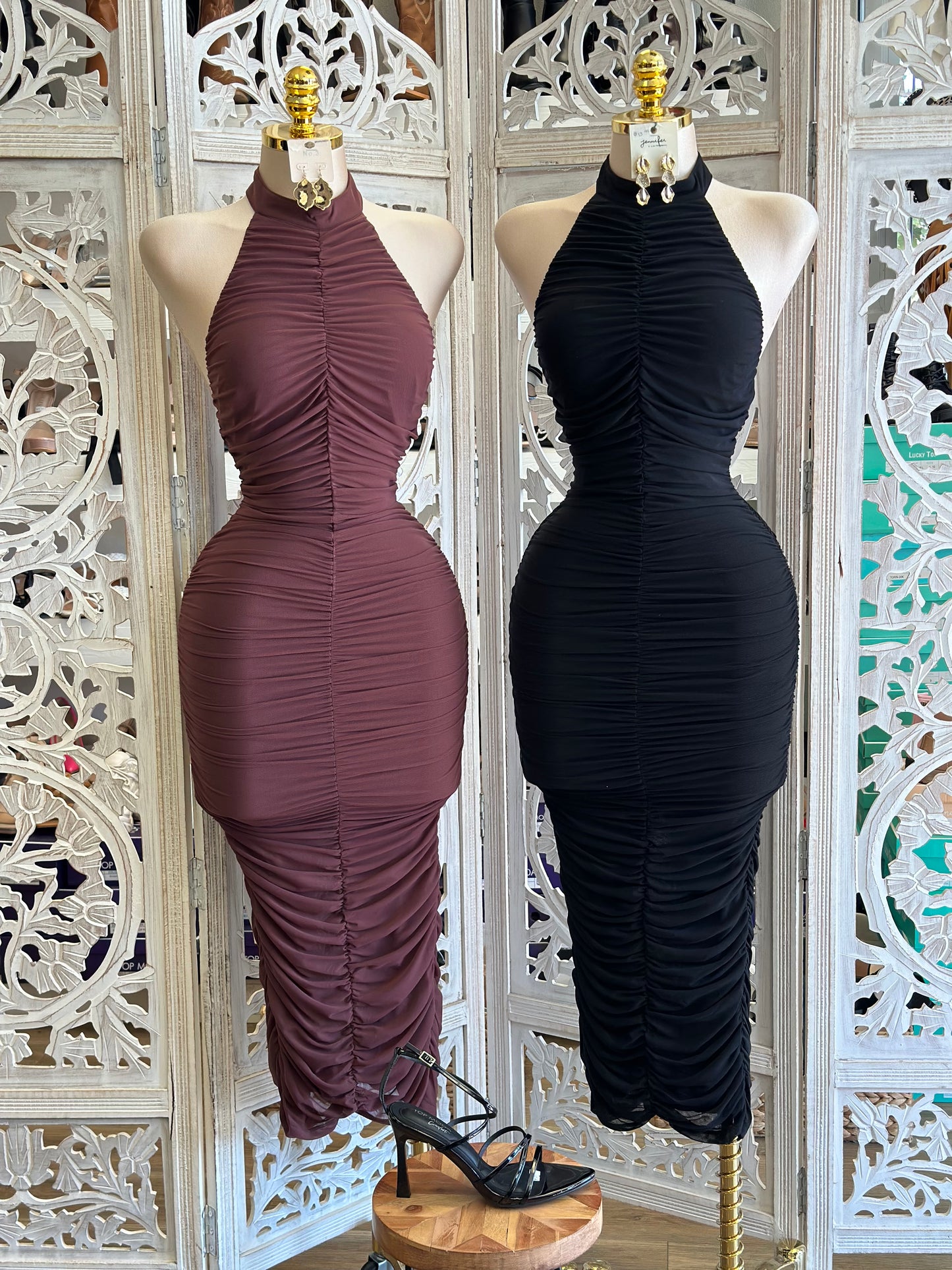 Ruched Open Back High Neck Dress- Stretchy, Estira