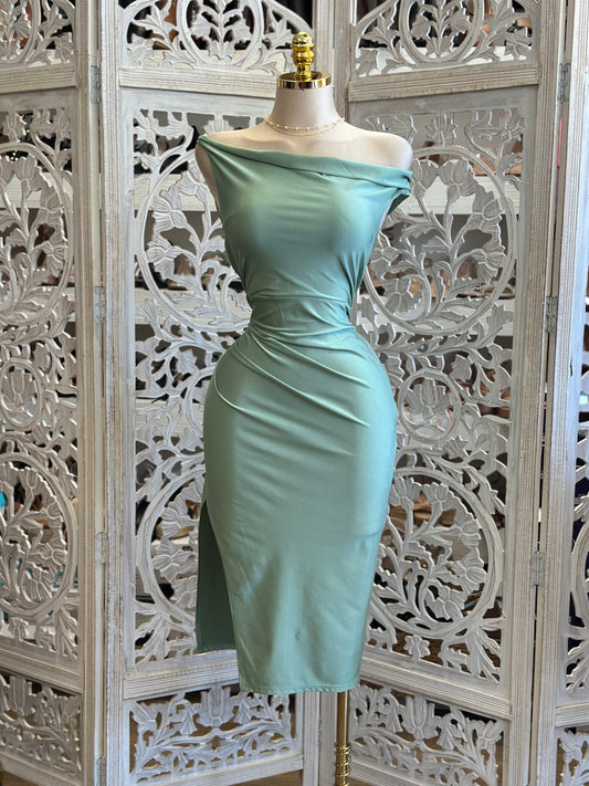 Ocean Green Asymmetrical Midi Dress - Estira, Stretchy