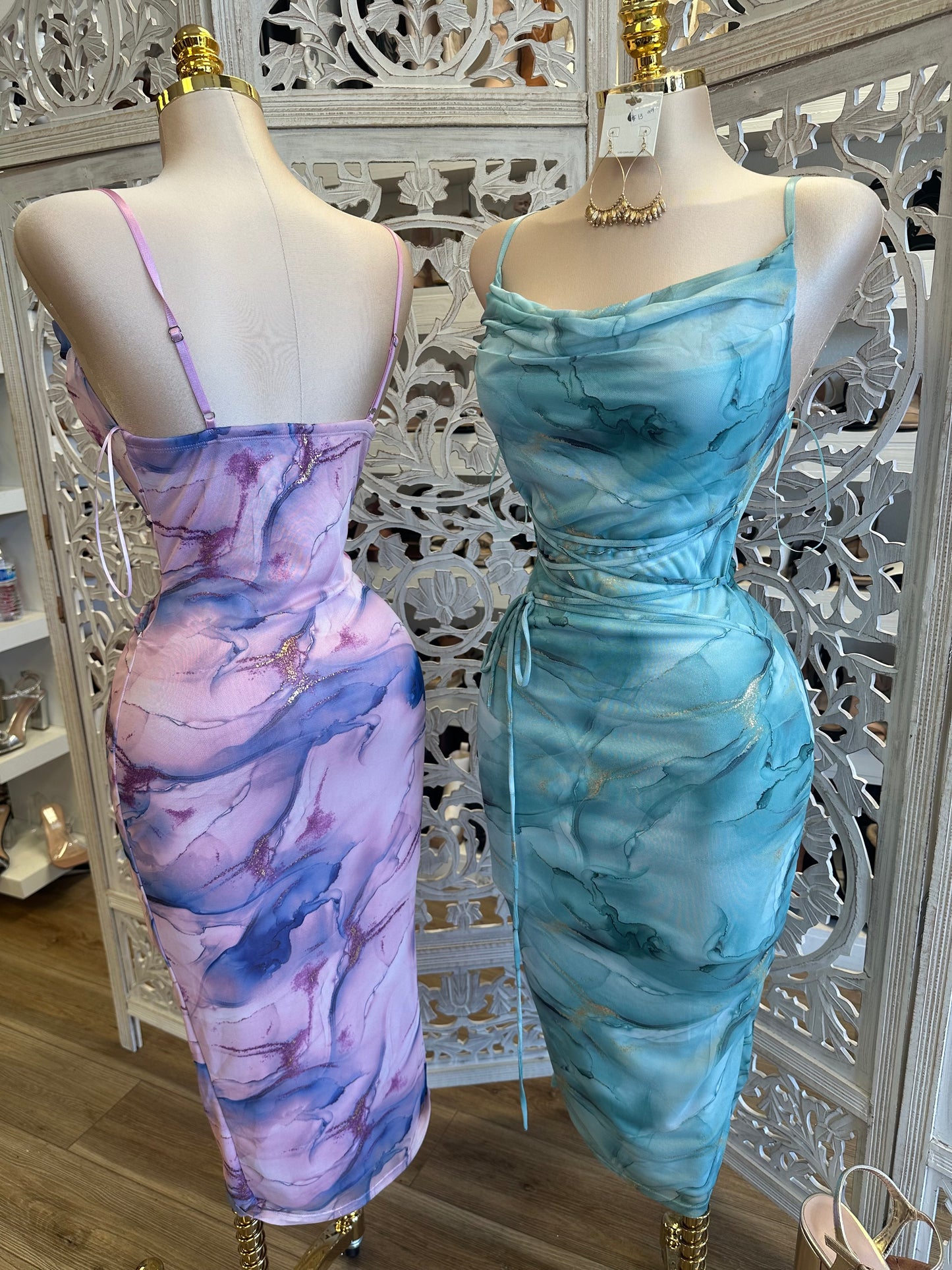 Marble Pattern Cowl Neck Midi Dress-Estira, Stretchy