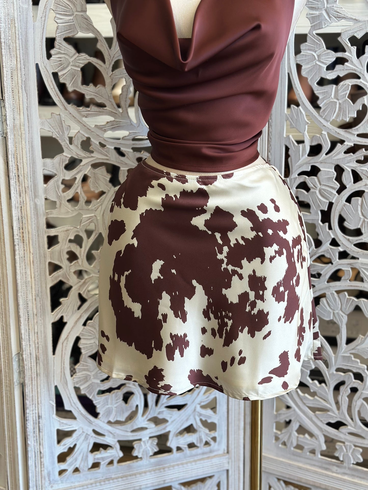 Satin Cow Print Mini Skirt-  Not Stretchy ,  No Estira