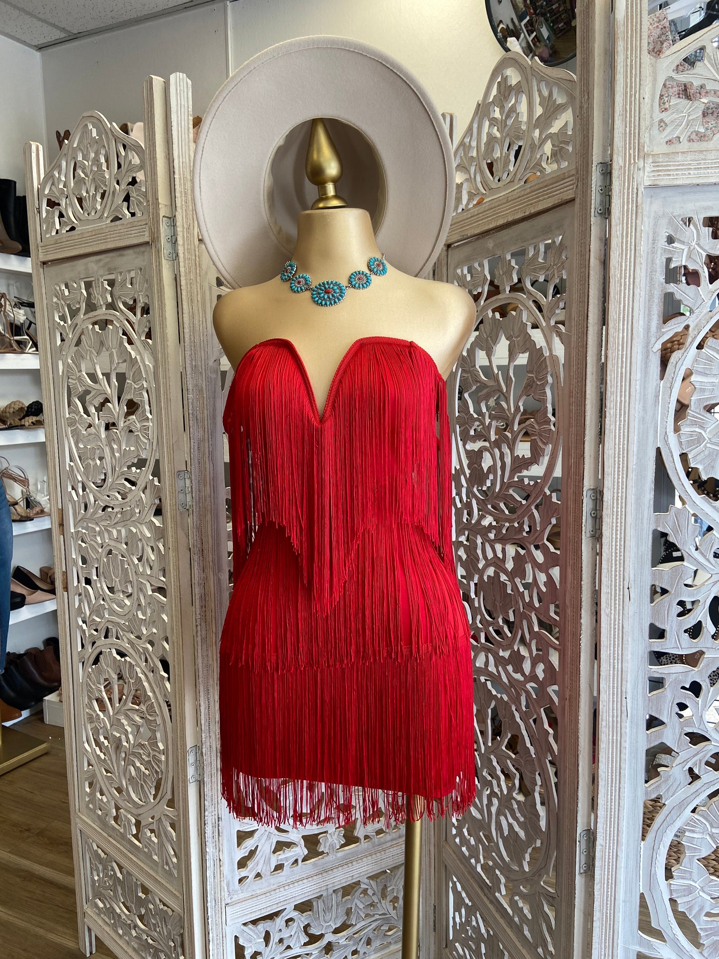 Red Fringe Dress- Stretchy, Estira