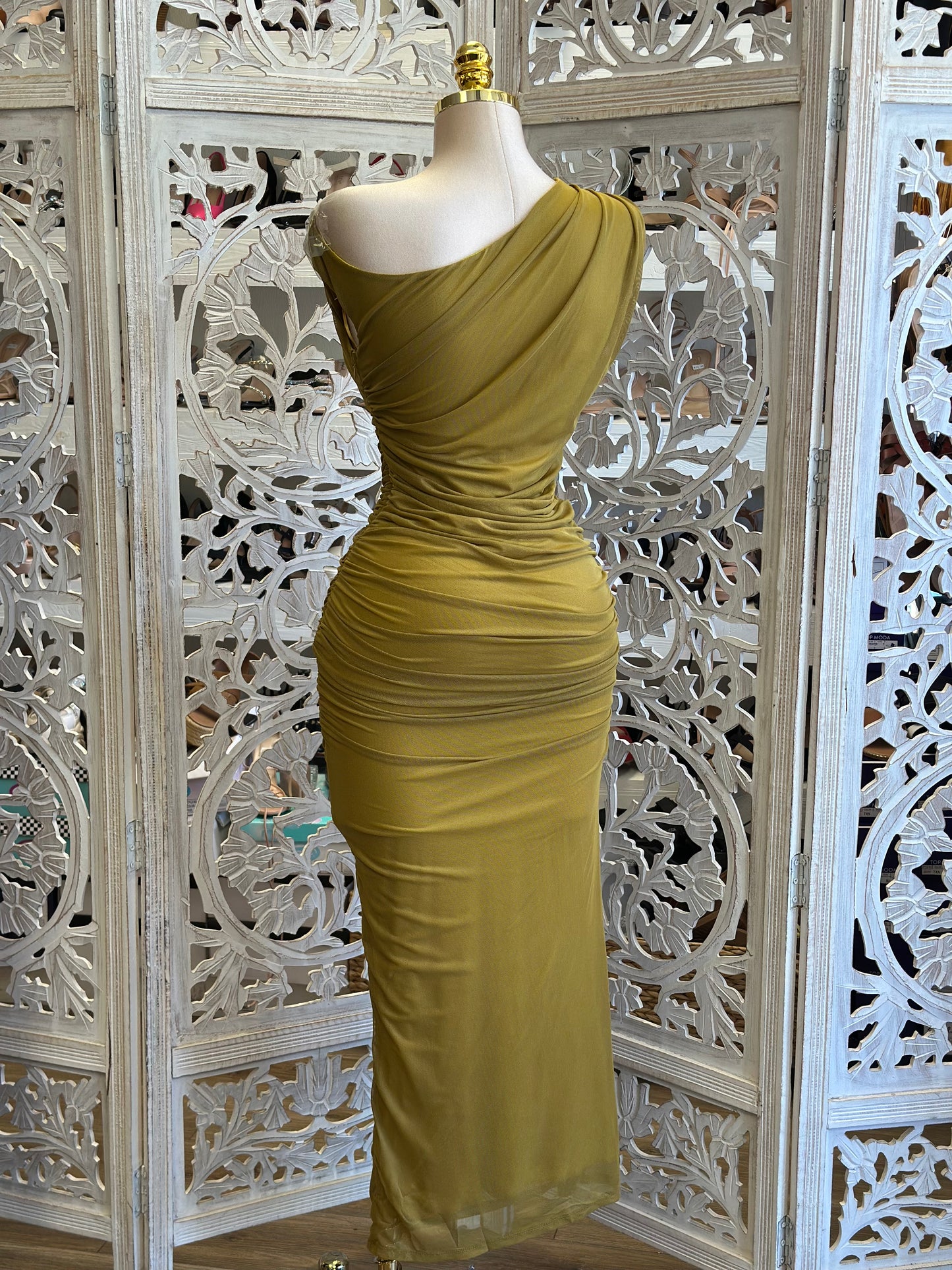 Mustard Asymmetrical Ruched Dress- Stretchy, Estira