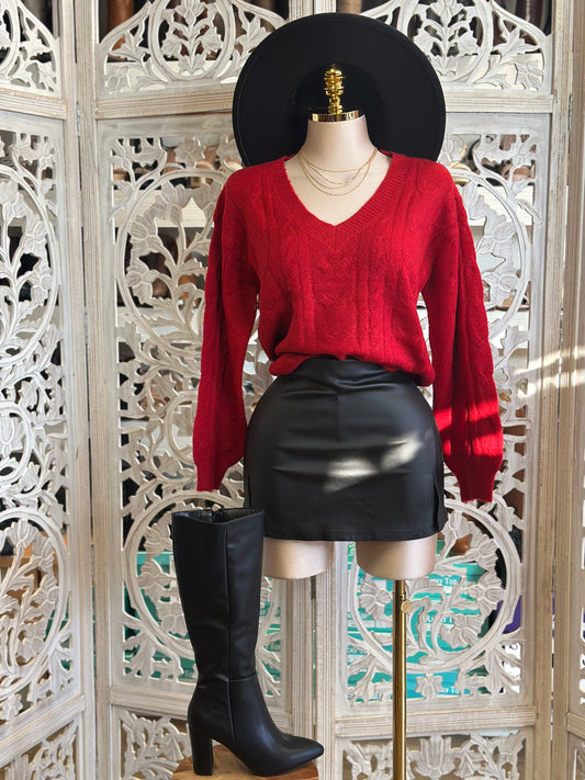 Red V Cable Knit Sweater