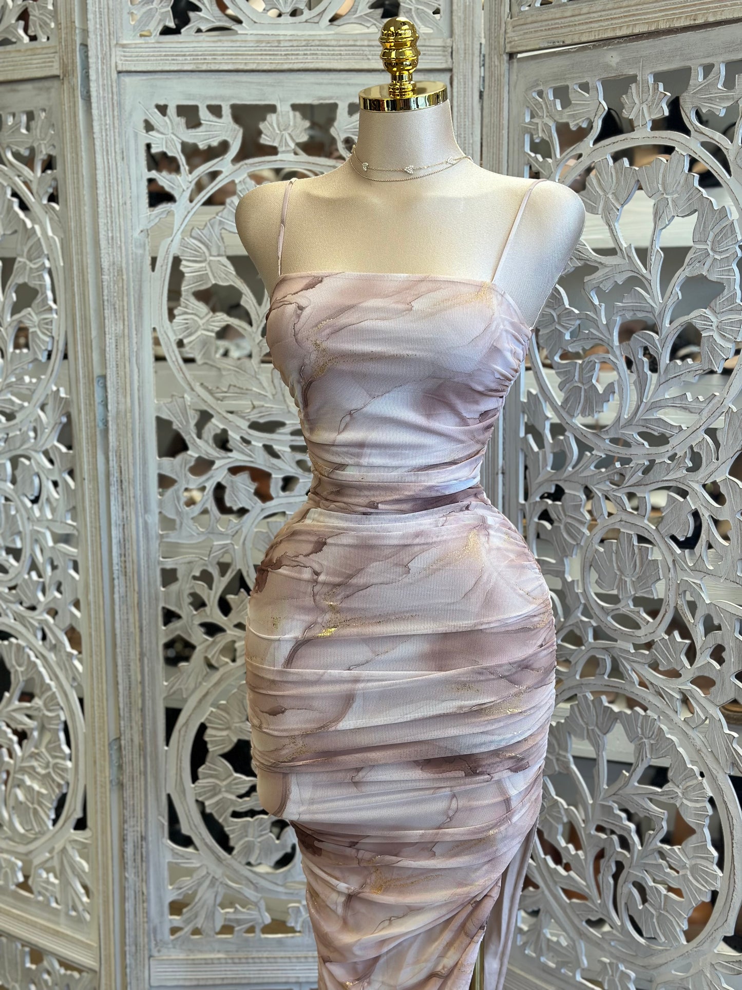 Thin Strap Marble Pattern Midi Dress- Stretchy,Estira