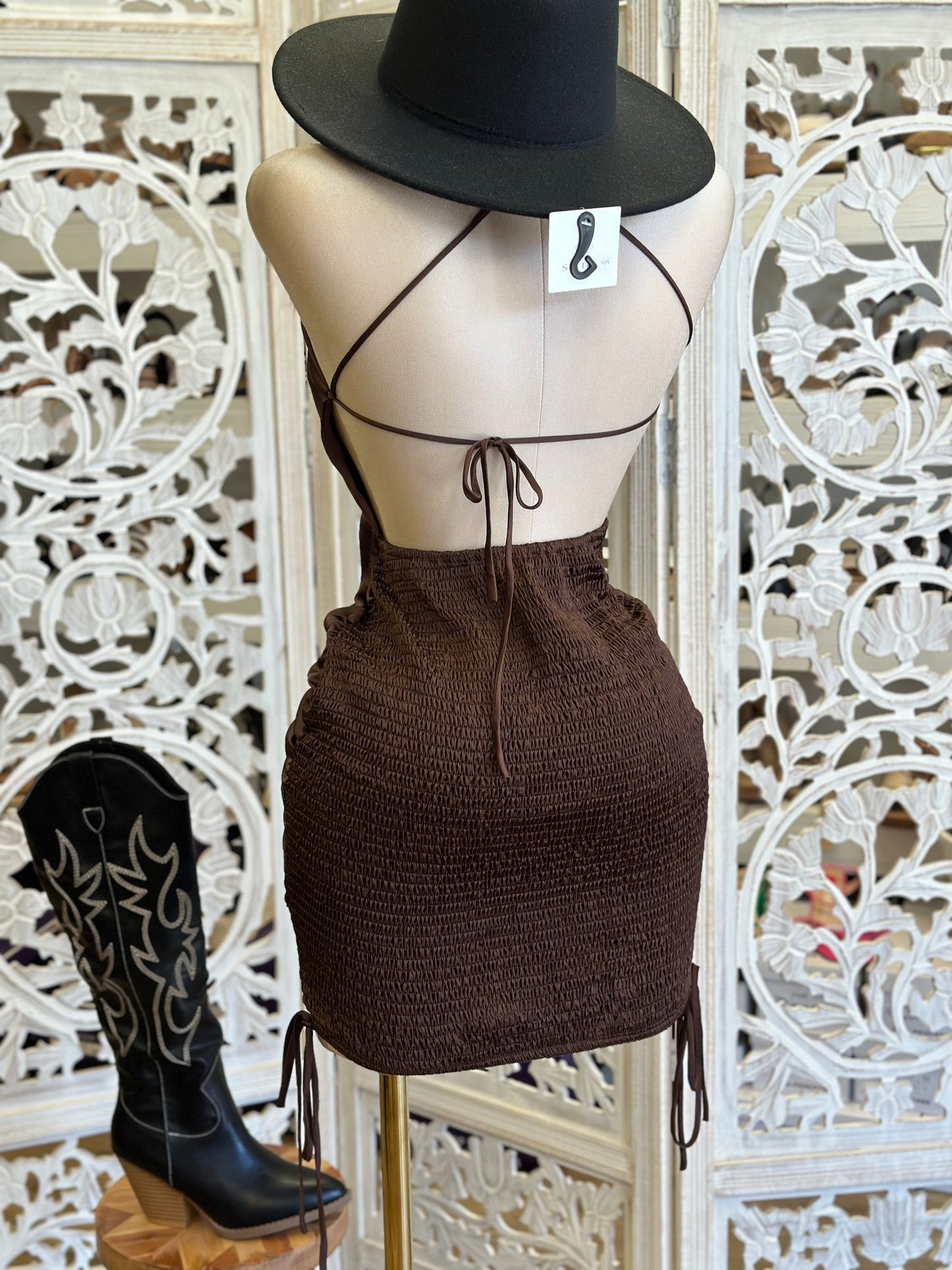 Satin Brown Tie Back Mini Dress- Stretchy, Estira