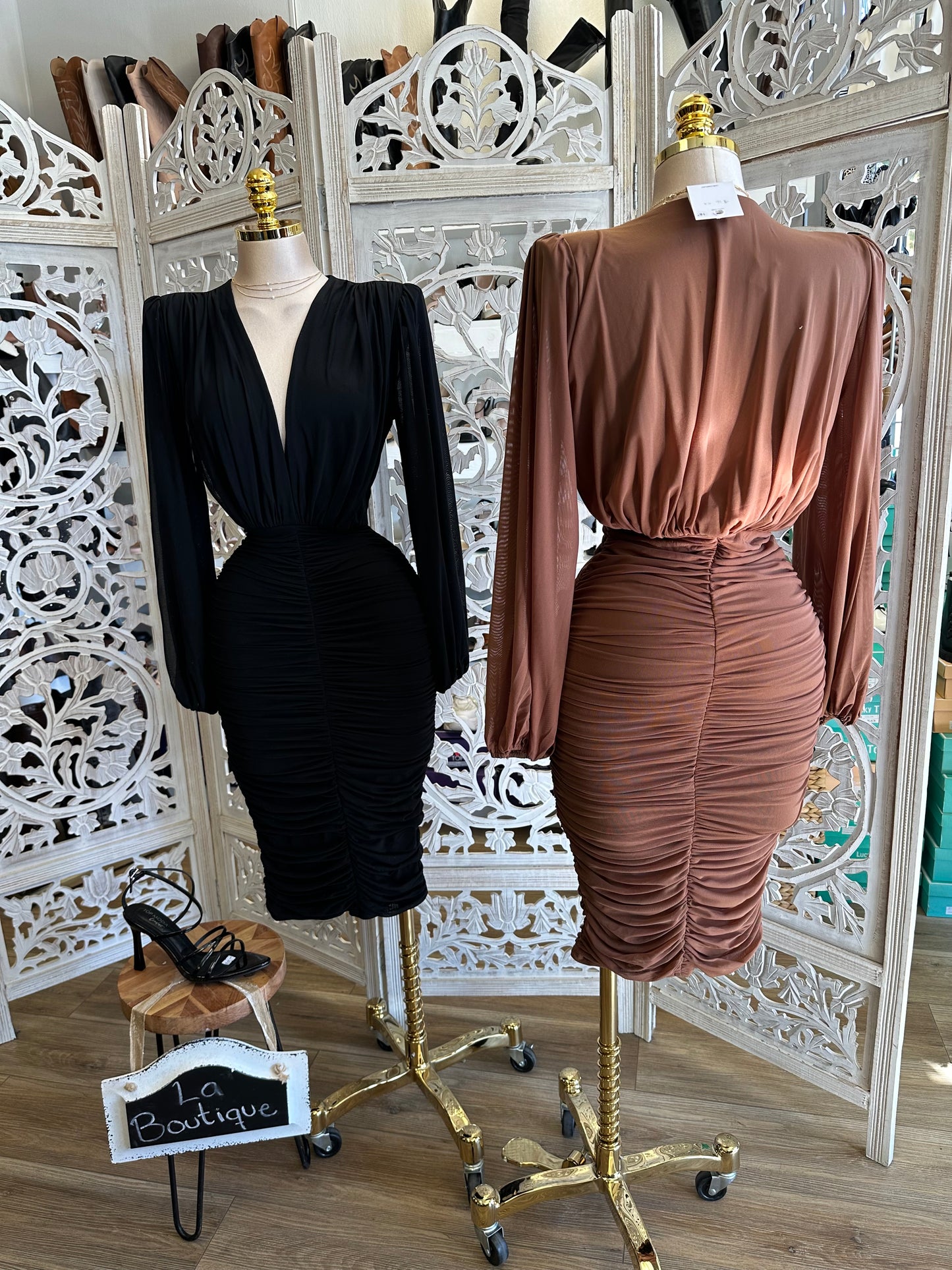 Wrapped Deep V Midi  Dress- Stretchy,Estira