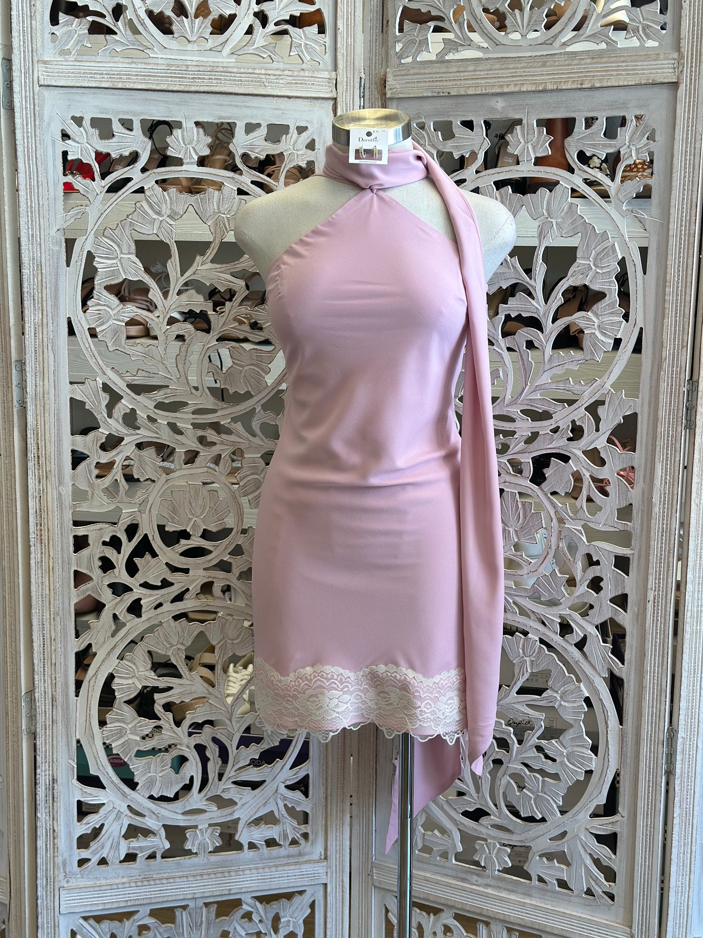 Scarfed Pink Lace Mini Dress- Not Stretchy, No Estira