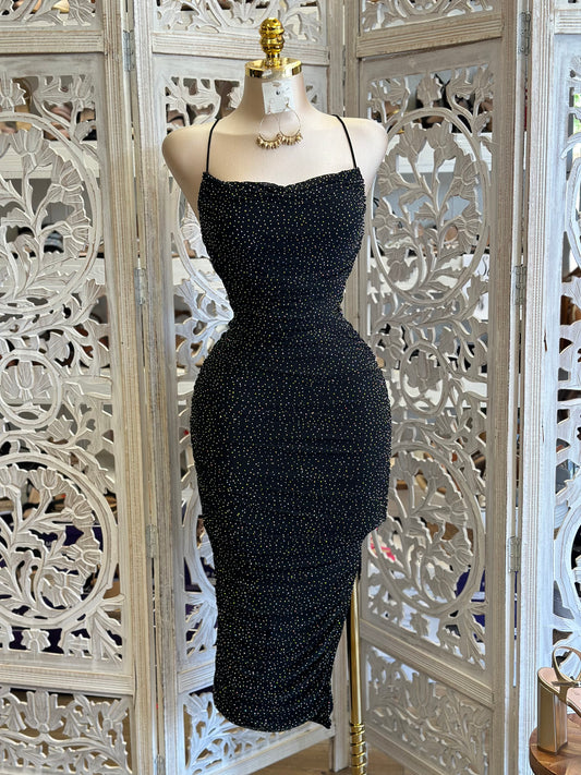 Black Dainty Rhinestone Cowl neck Dress - Estira, Stretchy