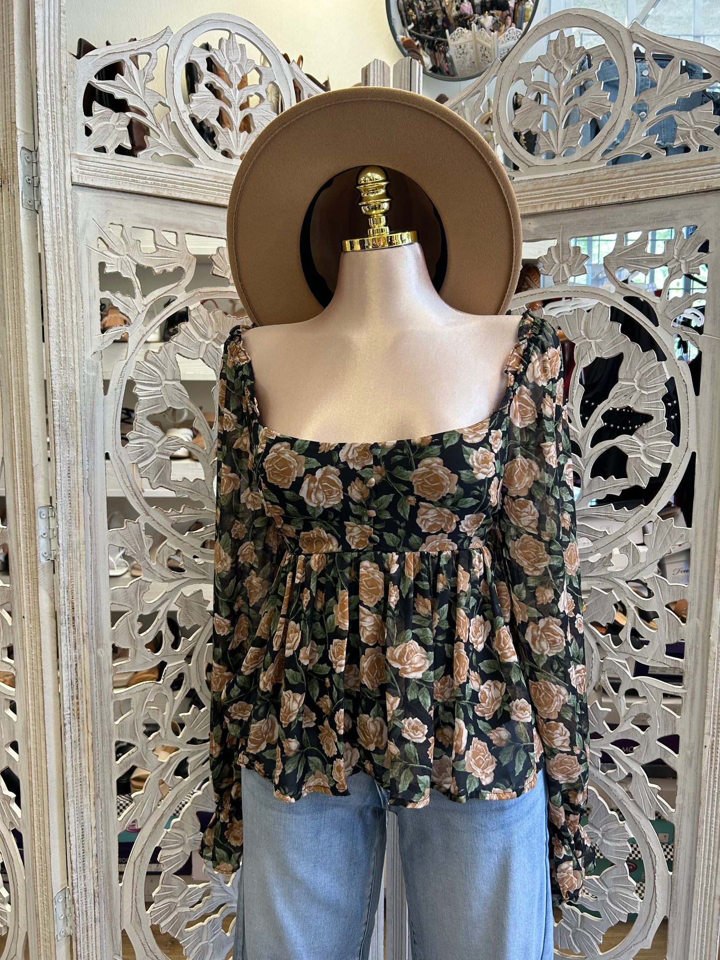 Square Neck Floral Blouse- Estira, Stretchy