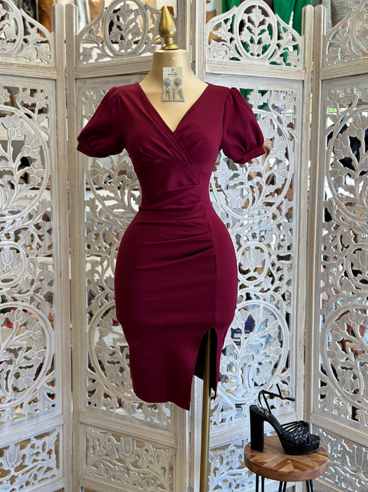 Wine Puff Sleeve Cross Front Dress