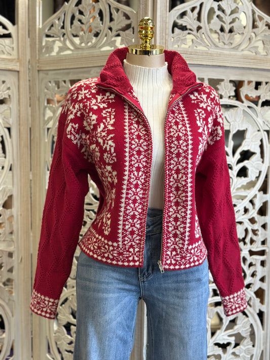 Cherry Red Full Zip Christmas Cozy Sweater