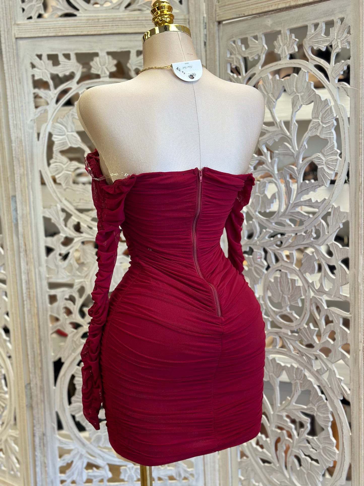Burgundy Ruched Sleeve Mini Dress - Estira, Stretchy