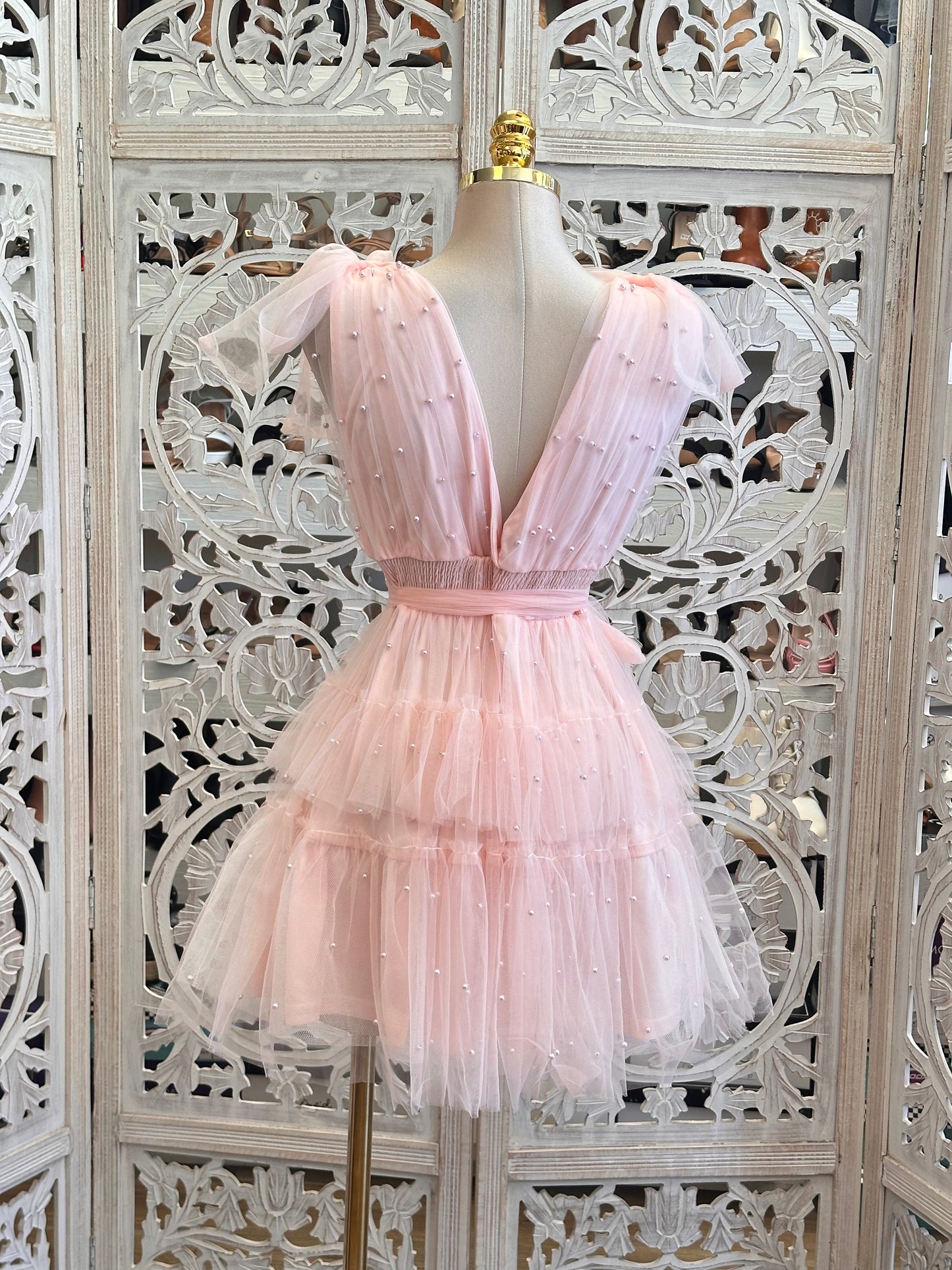 Tulle Soft Pink Pearl Mini Dress - Estira, Stretchy