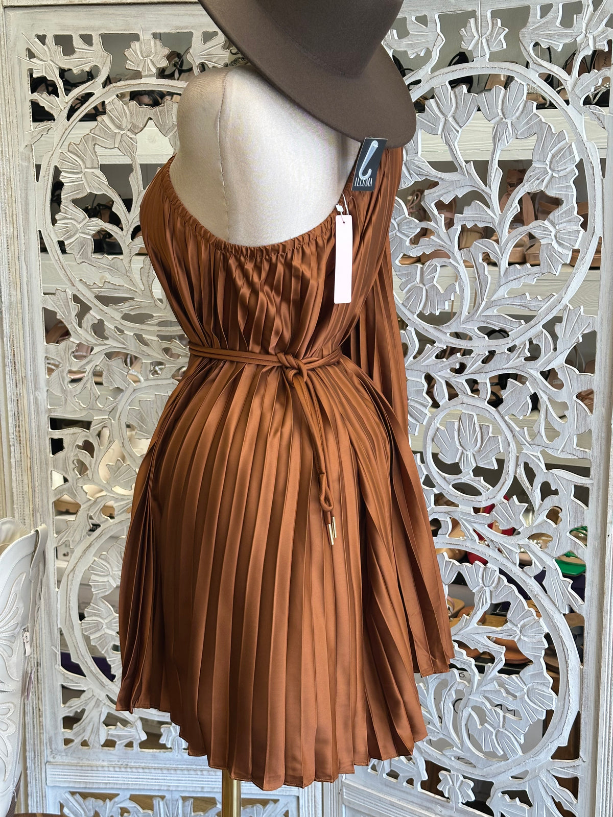 Rust Calliope Plissé Dress- Estira , Stretchy