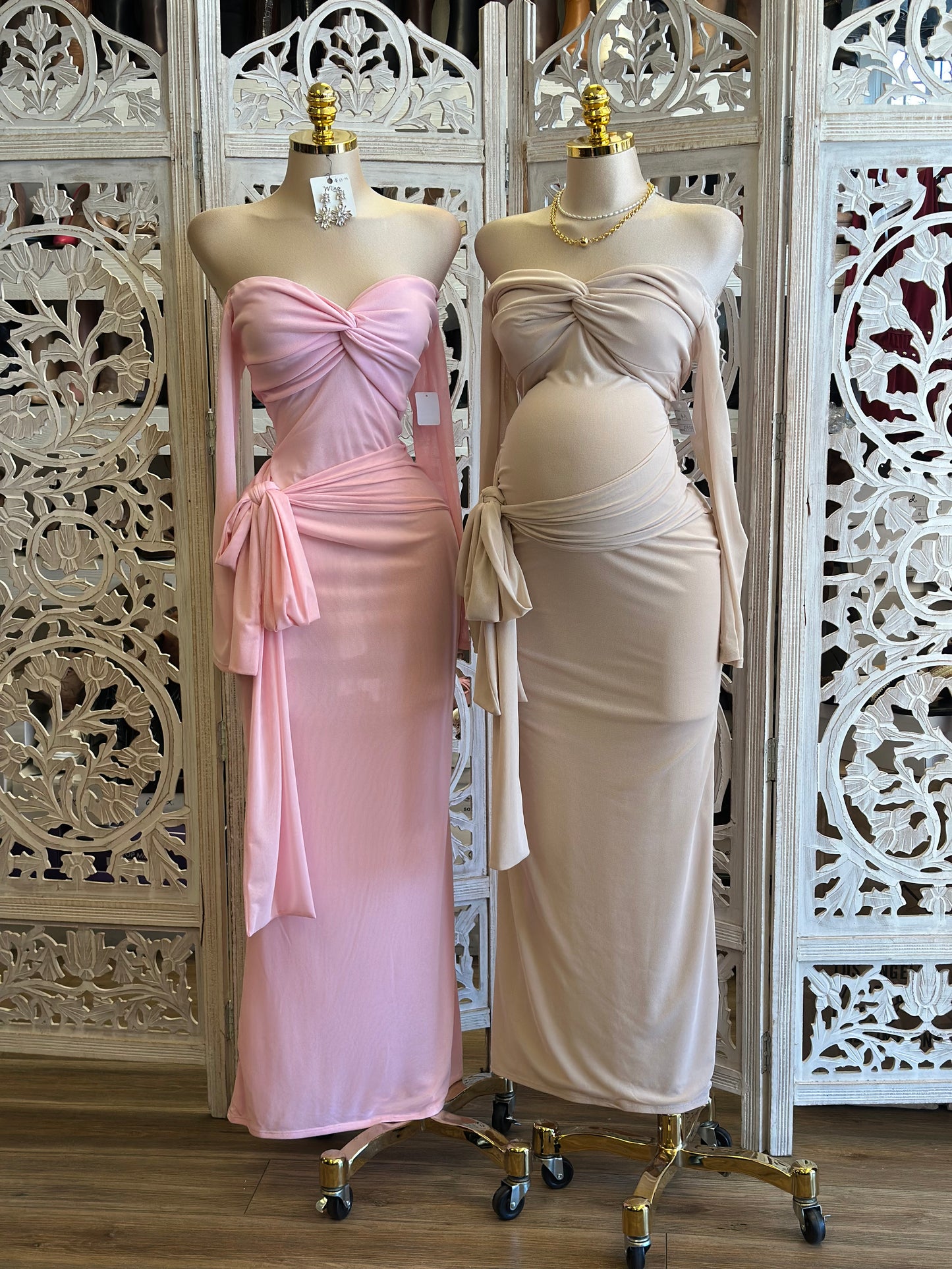 Beige Off Shoulder Knotted Draped Gown -Estira, Stretchy