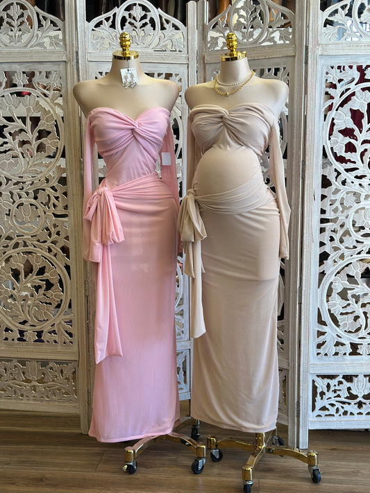 Beige Off Shoulder Knotted Draped Gown -Estira, Stretchy