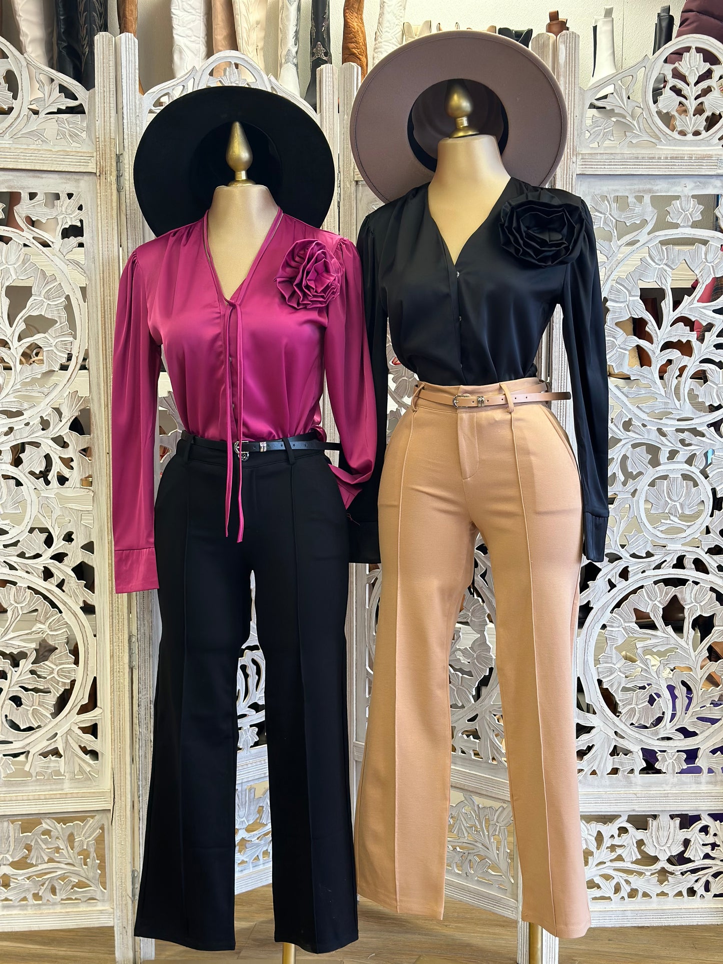 Straight Leg Trousers with Belt- Stretchy