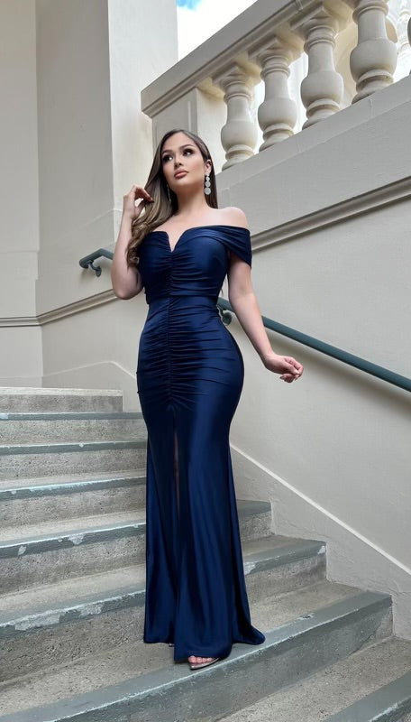 Midnight Blue Heartline Ruched Gown- Slightly Stretchy, Estira
