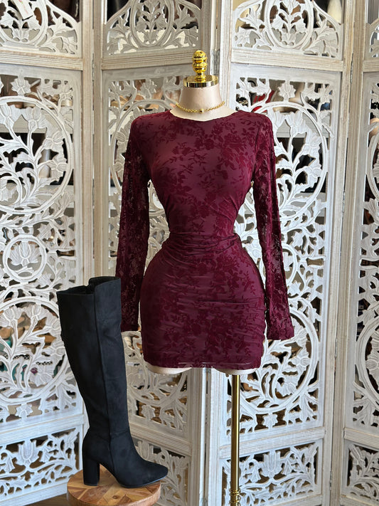 Burgundy Velvet Floral Cutout Mini Dress- Stretchy,Estira
