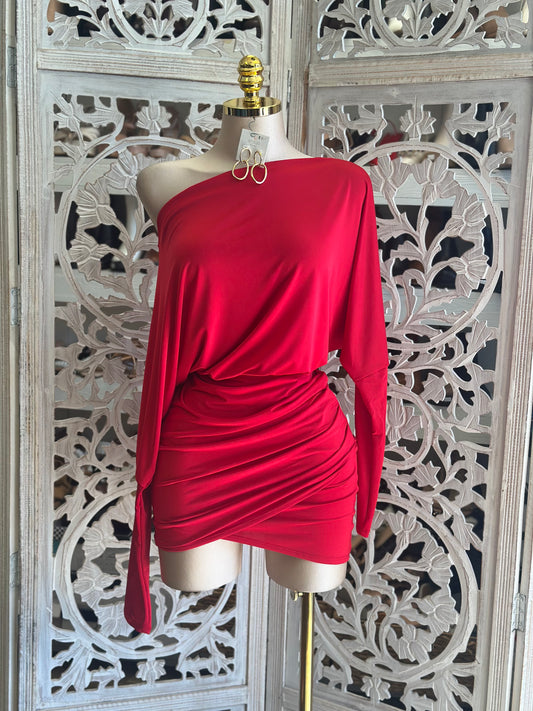 Red Asymmetrical Off Shoulder Mini Dress- Stretchy,Estira