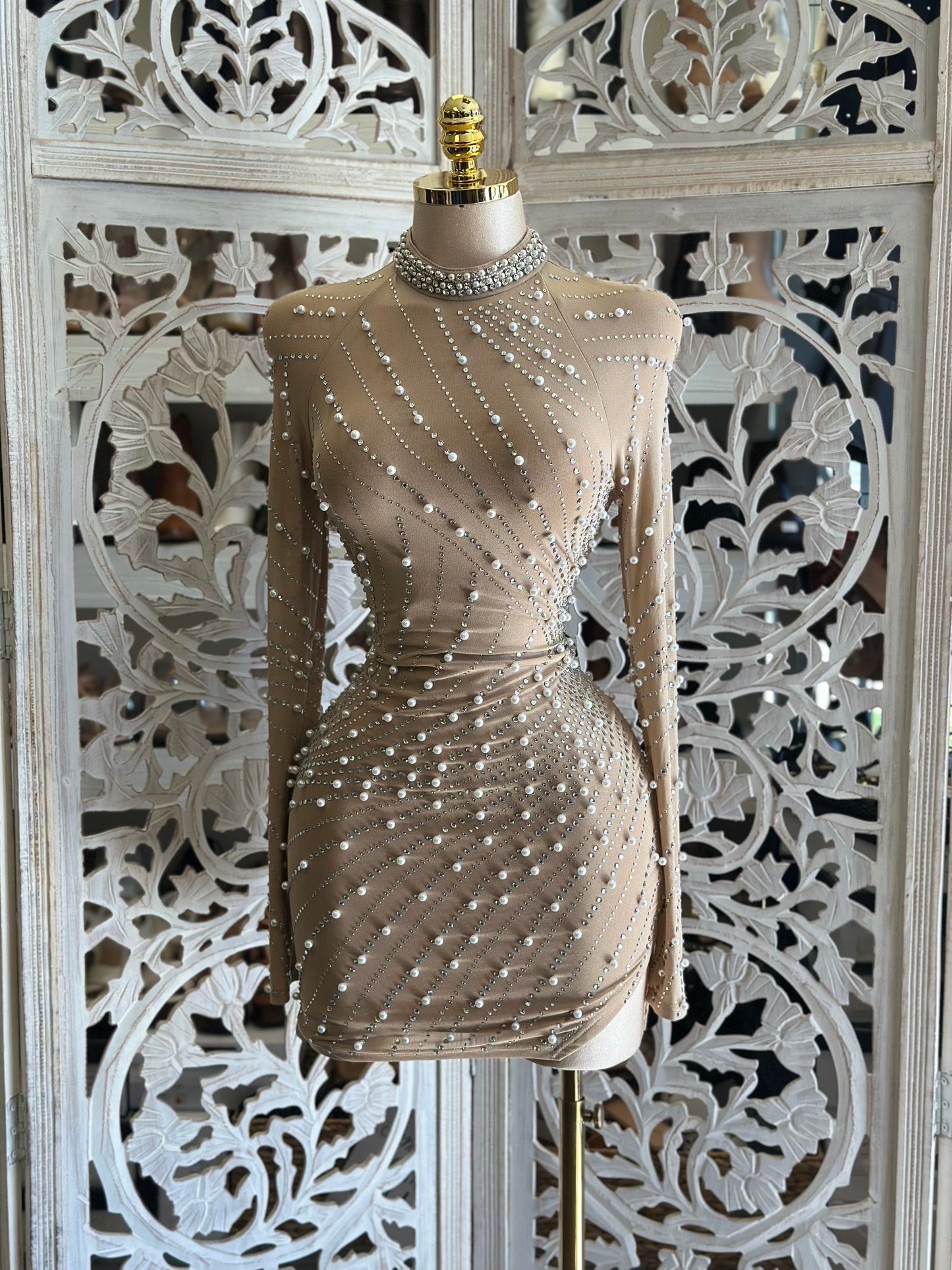 Embellished Nude Mini Dress- Stretchy,Estira