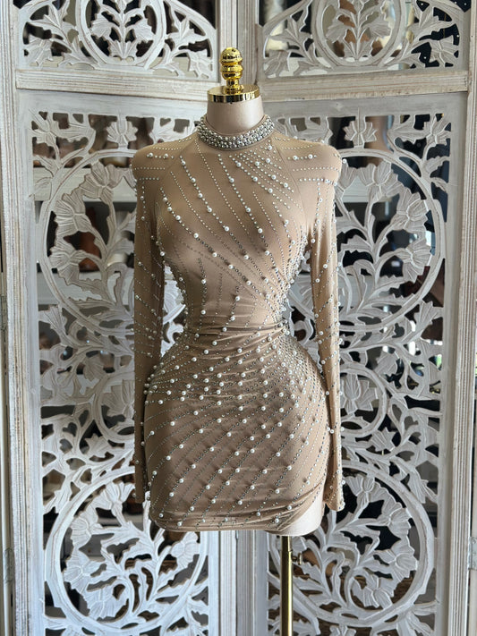 Embellished Nude Mini Dress- Stretchy,Estira