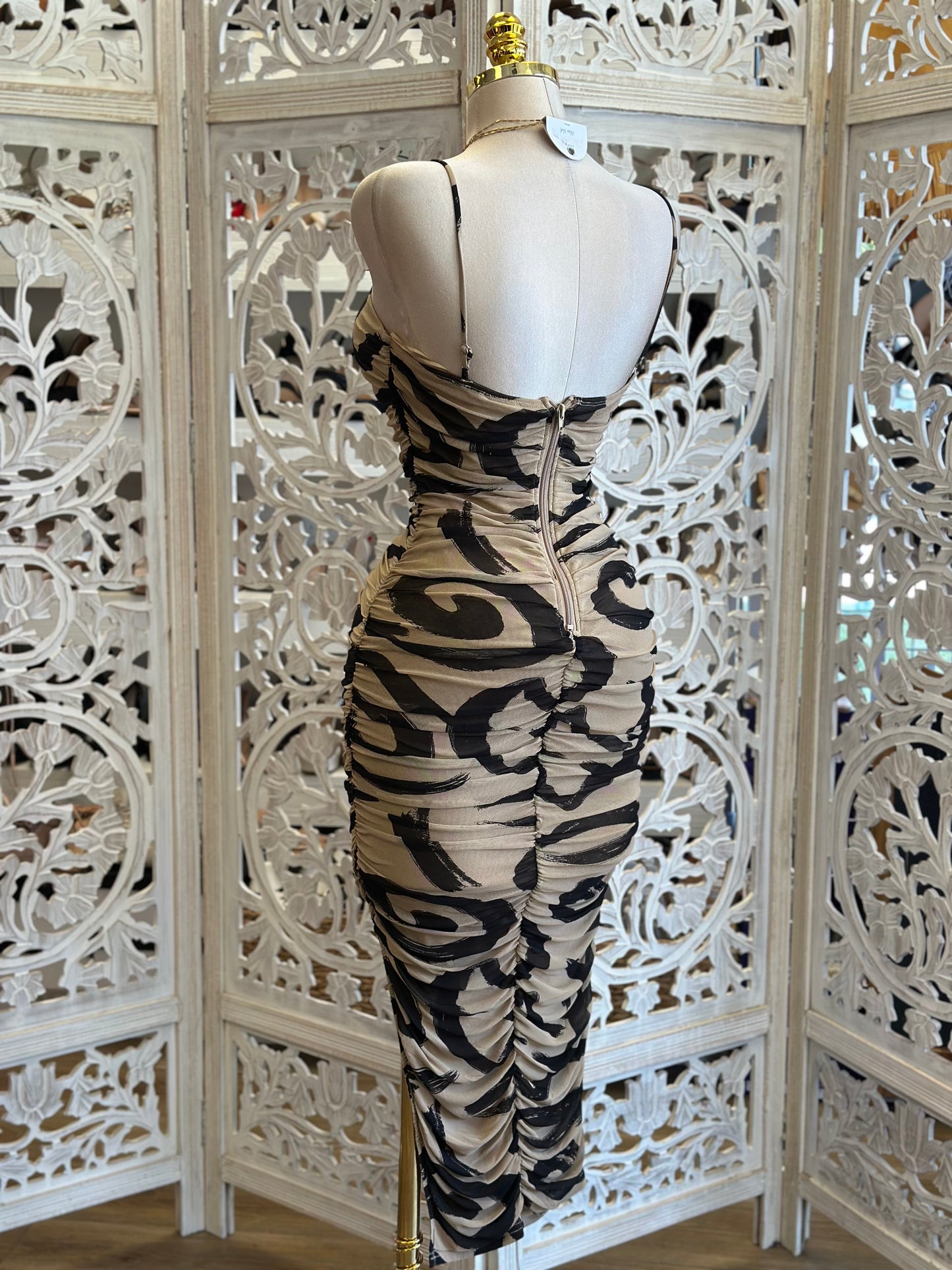 Cami Beige Pattern Dress- Stretchy , Estira
