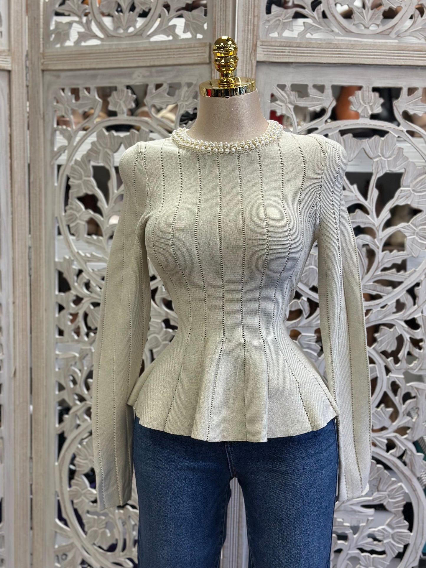 Knitted Cream Pearl Top- Estira, Stretchy