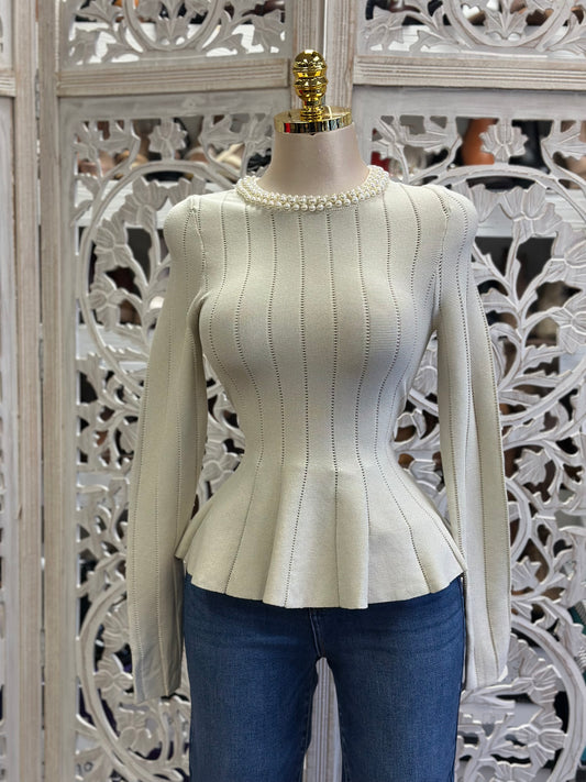 Knitted Cream Pearl Top- Estira, Stretchy