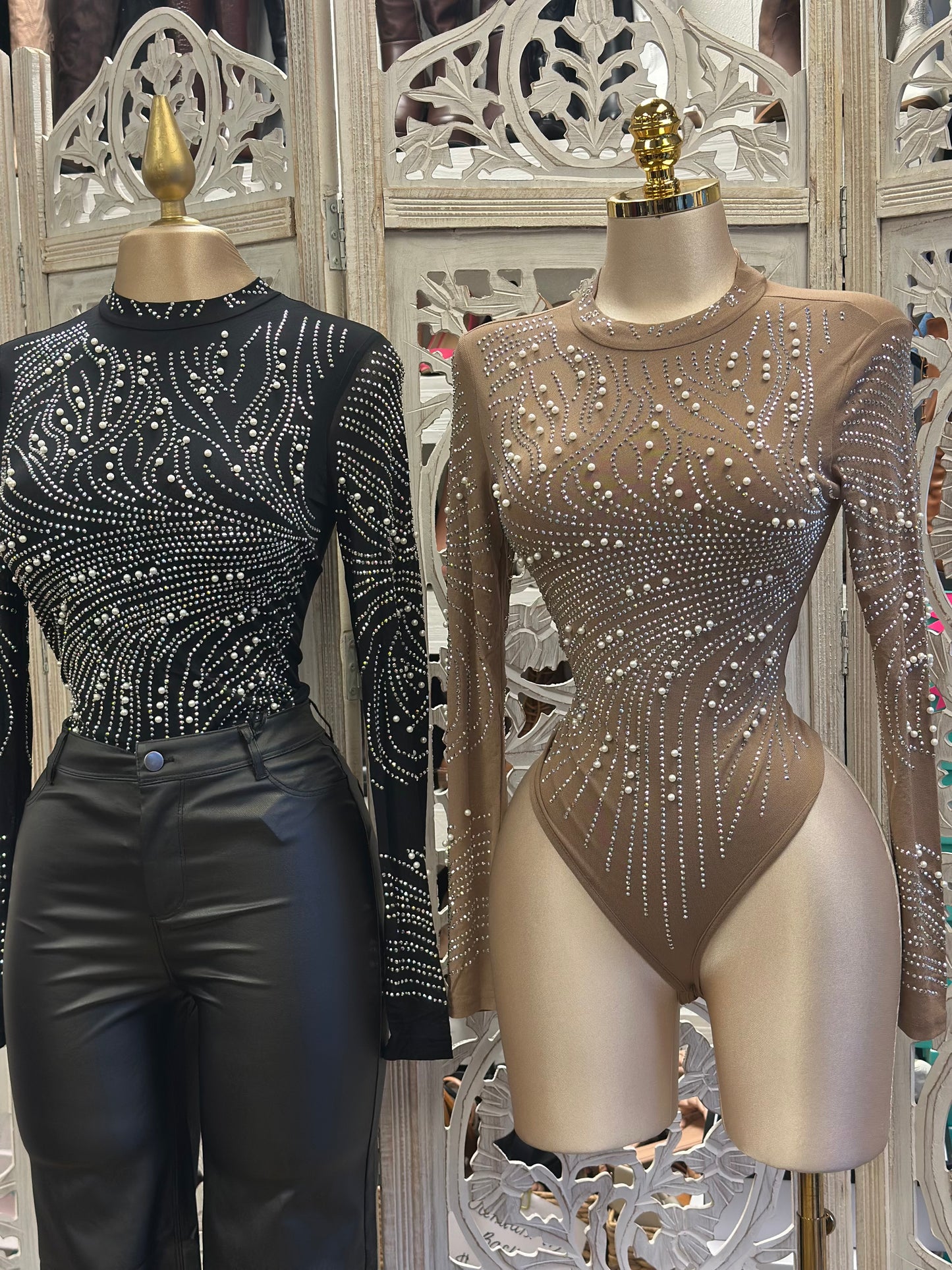 Embellished Mesh Bodysuit- Estira, Stretchy